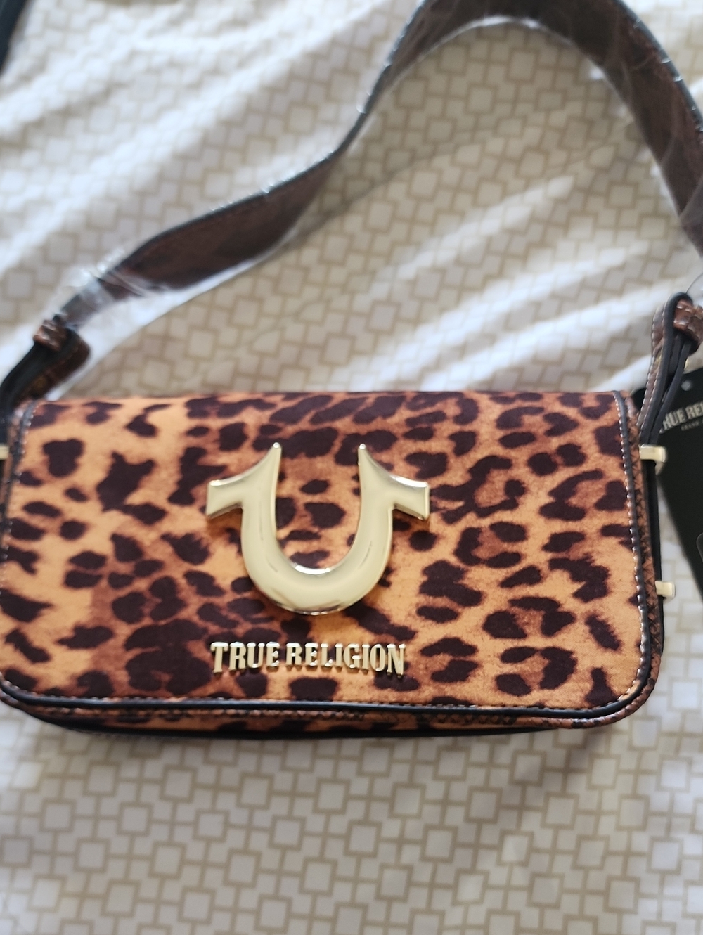 True Religion Leopard-Print Mini Shoulder Bag with Gold Logo